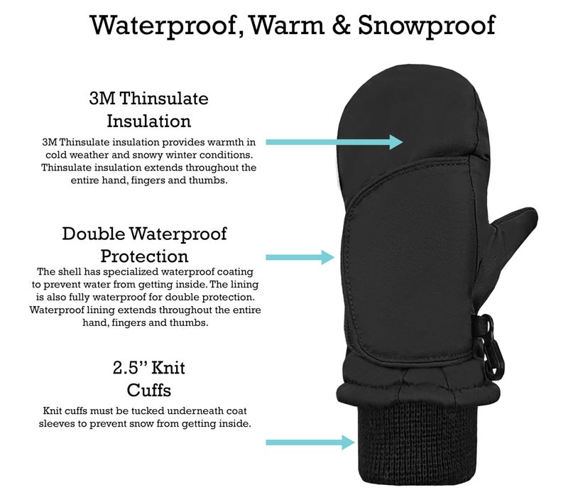 N'Ice Caps Kids Waterproof Snow Mittens Cold Weather Thinsulate Insulated (Black, 1-2 Years) - Image 3